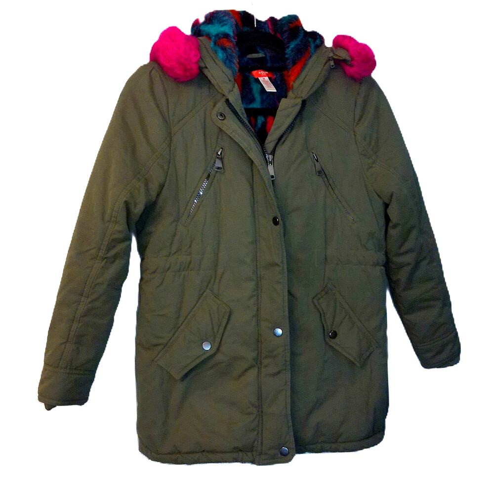 AQUA Girls Olive Green Military Parka Coat Hot Pink Fur Hood Lining Size XL